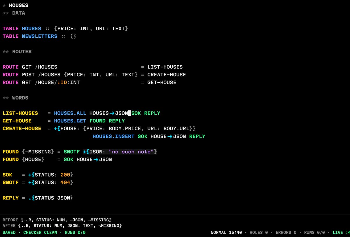 dzibanisms's tweet photo. What if you built Forth on a hashmap instead of a stack, with first-class database and an easy way to do APIs?

Well, here it is. Live reload, custom IDE with debugger, built-in persistence all in a single binary from development to deployment.

Next: liveview-like rendering, native compilation, ???