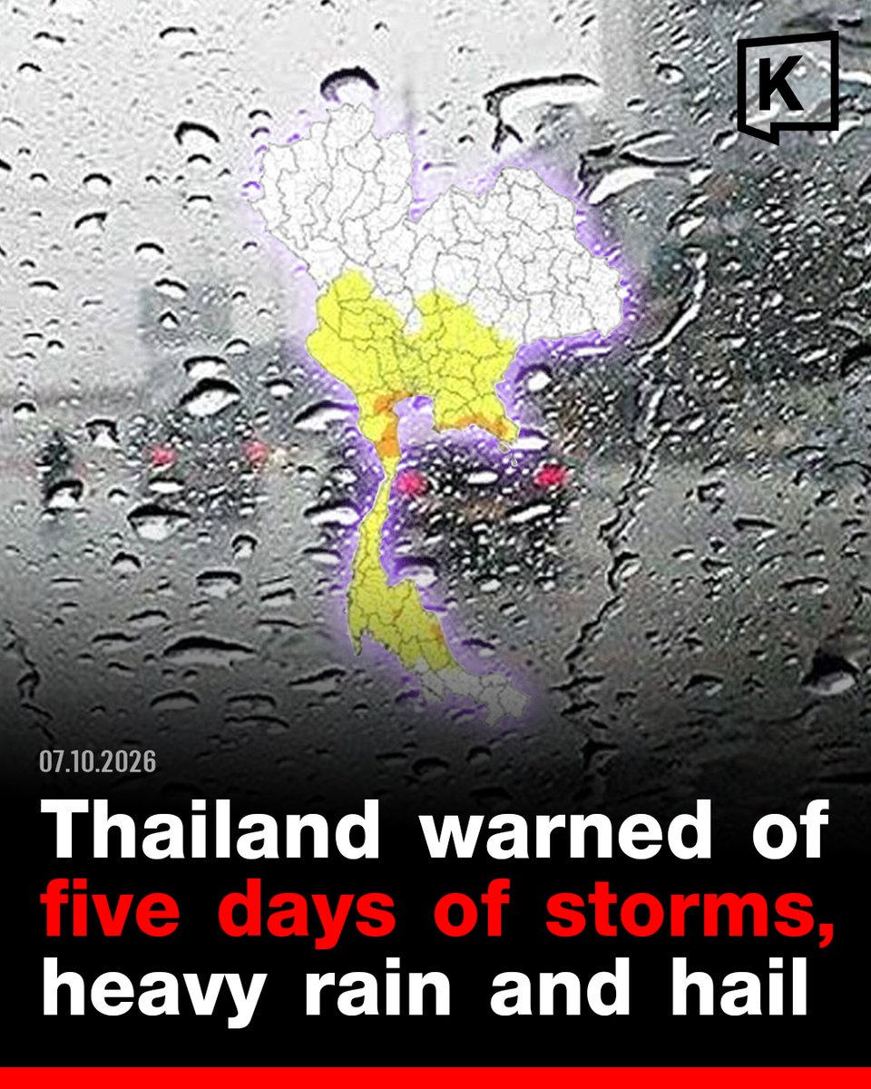 KhaosodEnglish's tweet photo. Thailand’s Meteorological Department has warned of heavy to very heavy rain from 9–13 October, along with thunderstorms, strong winds and possible hail.

Bangkok and many provinces across the North, Northeast, Central, East and South are expected to be affected, with a risk of flash floods, runoff and waterlogging.

Waves in stormy areas of the Andaman Sea and Gulf of Thailand could exceed 2 meters.

Residents are urged to monitor weather updates and take extra care when traveling.

#Thailand #WeatherWarning #HeavyRain #Flood #Storm #Hail