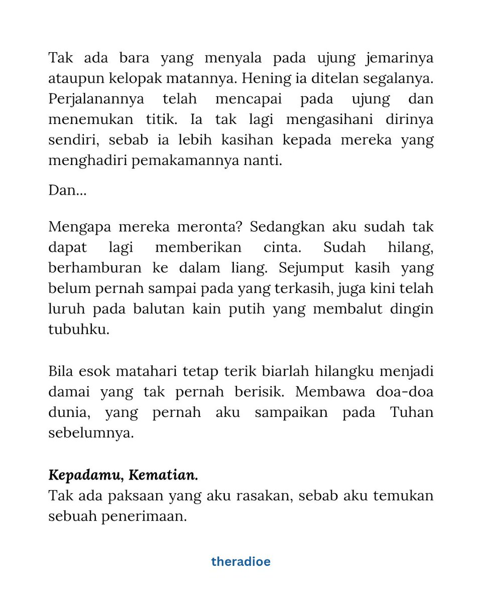 theradioe's tweet photo. Kematian, Jika Aku Jadi Kekasihnya. — Ditulis terinspirasi dari salah satu lagu Nadin Amizah. 

TW // Mention of death, grieving. https://t.co/qNA8kbqDpa