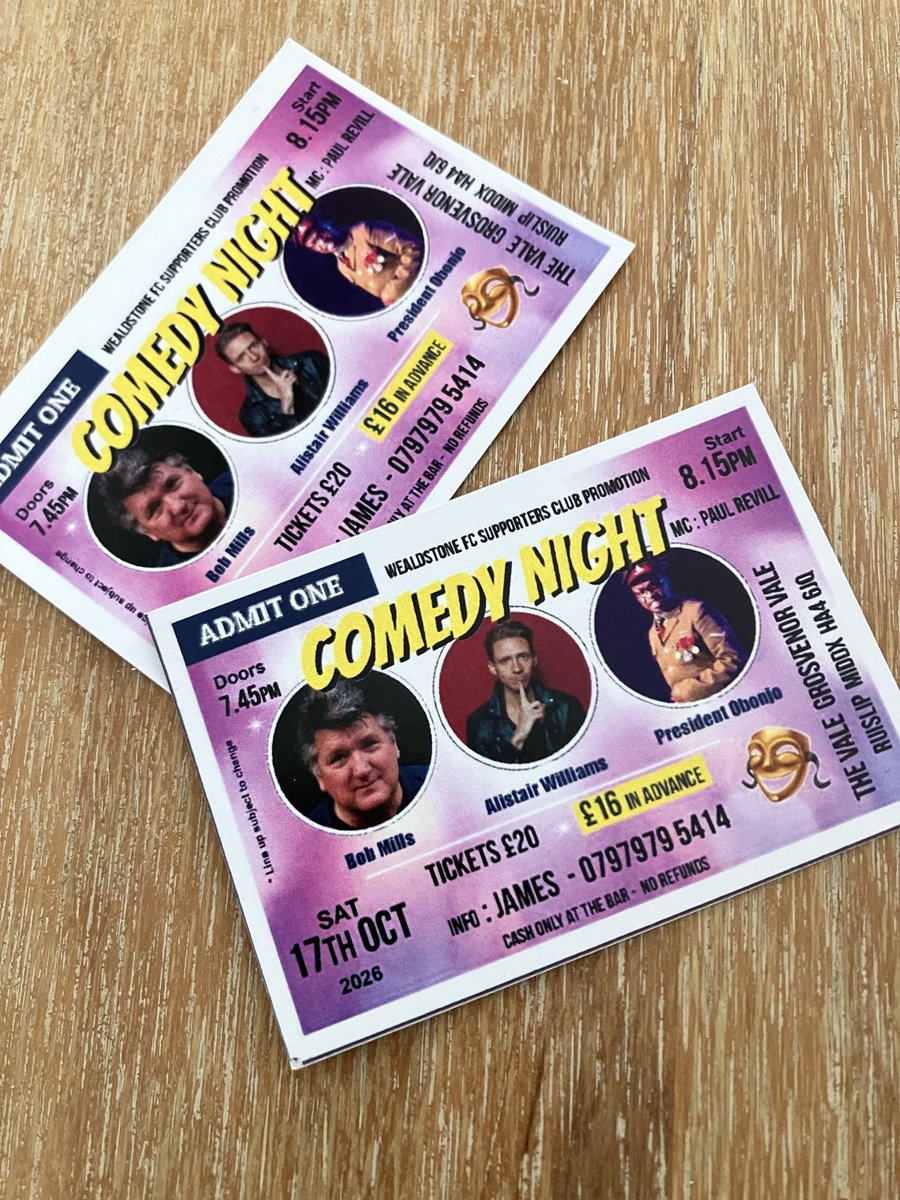 NickDuGard1's tweet photo. I’ve got my tickets - have you got yours yet? 😀 Saturday October 17th, 8:15pm: Comedy Night @wealdstonejames @CastleComedy @WealdstoneFC 
We all need a good laugh!! 🤣 https://t.co/zvUIoAm0ba