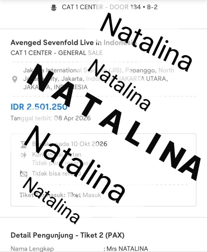 natalina2288's tweet photo. WTS Jual rugi tiket Avenged Sevenfold yang section Cat 1 Center sisa 1 tiket lagi. Harga dibawah web banget.￼ Dapat seat di pintu 134, jadi enak masih tengah, best view lah https://t.co/rcKuvc6AdF