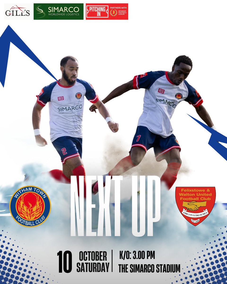 Withamtownfc's tweet photo. Next Up!

We are at home to Felixstowe &amp; Walton United in the Pitching In Isthmian League on Saturday. https://t.co/xFaNPfULcA