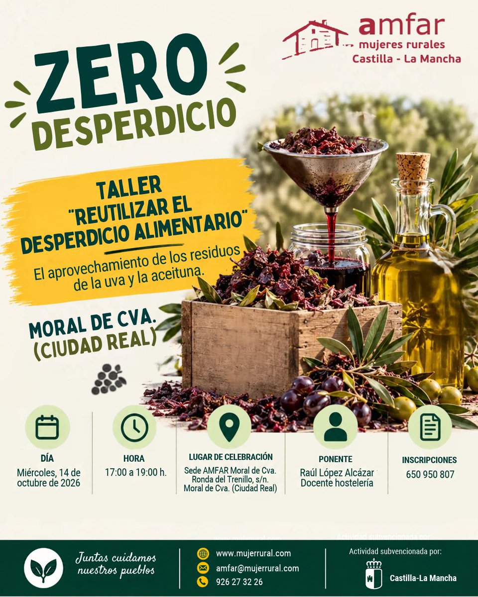 AMFARnacional's tweet photo. 🍇🫒 AMFAR organiza el taller “Reutilizar el desperdicio alimentario” para aprender a aprovechar los residuos de la uva y la aceituna. 🌱♻️

📅 14 octubre | 🕔 17-19 h
📍 Moral de Calatrava
📲 Inscripciones: 650 950 807

#AMFAR #ZeroDesperdicio #MujeresRurales #CastillaLaMancha https://t.co/v4LXey74xY