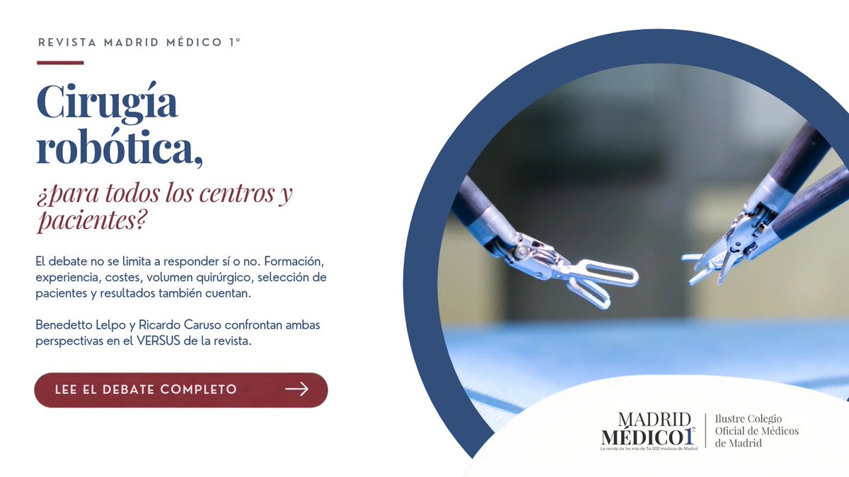 Icomem_Oficial's tweet photo. Cirugía robótica: ¿para todos los centros y pacientes? 

Formación, volumen de actividad, coste y selección del paciente centran el VERSUS de la revista #MadridMédico1º

Dos perspectivas para un debate que va más allá del “sí” o “no”: https://t.co/9W9N4Rda1u https://t.co/sy8NBSZVT5