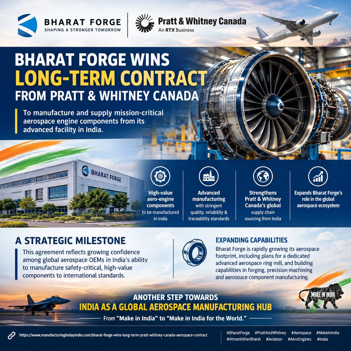 Zest328117's tweet photo. 🇮🇳✈️ BIG BOOST FOR INDIA’S #AEROSPACE MANUFACTURING!

Bharat Forge has secured a long-term contract from RTX’s Pratt & Whitney Canada to manufacture and supply mission-critical aerospace engine components from its advanced aerospace facility in India.

🔹 High-value aero-engine components to be manufactured in India
🔹 Facility built for high-performance, precision aerospace products
🔹 Advanced manufacturing with stringent quality, reliability & traceability standards
🔹 Strengthens Pratt & Whitney Canada’s global supply chain sourcing from India
🔹 Expands Bharat Forge’s role in the global aerospace ecosystem

The agreement is strategically important beyond a single contract. It reflects growing confidence among global aerospace OEMs in India’s ability to manufacture safety-critical, high-value components to international standards.

#BharatForge has been rapidly expanding its aerospace footprint, including plans for a dedicated advanced aerospace ring mill, while building capabilities in forging, precision machining and aerospace component manufacturing.

This is another step toward positioning India as a global aerospace manufacturing hub—moving beyond assembly and into high-value engineering, precision manufacturing and global supply-chain integration. 🚀🇮🇳

From “Make in India” to “Make in India for the World.”

#BharatForge #PrattAndWhitney #Aerospace #MakeInIndia #AtmanirbharBharat #Aviation #AeroEngines #Manufacturing #India #AerospaceManufacturing