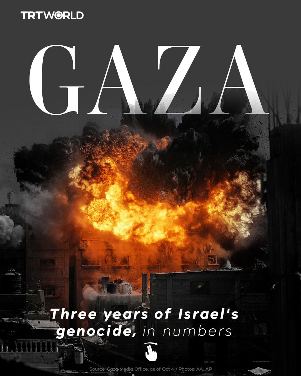 trtworld's tweet photo. Israel has been carrying out an uninterrupted campaign of genocide and ethnic cleansing against Palestinians in Gaza since October 7, 2023 despite the so-called ceasefire that took effect last October.

Here is a glimpse inside the horror, in numbers: https://t.co/pOddDIj7nA