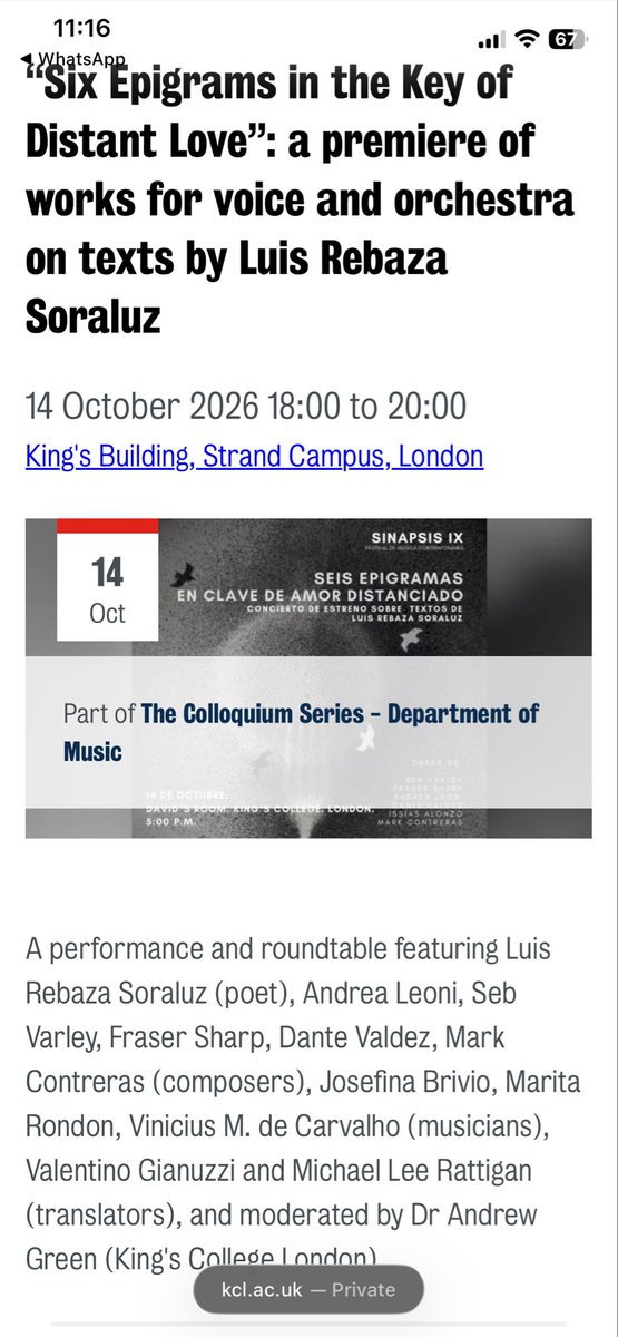 ml_rattigan's tweet photo. will be involved in this upcoming event being held at Kings College London and featuring a premiere of works for voice and orchestra on texts by Luis Rebaza Soraluz.

You will have to register to attend. Details in the link. 

https://t.co/EYvZcBZ4jT https://t.co/QnkirNaqBx