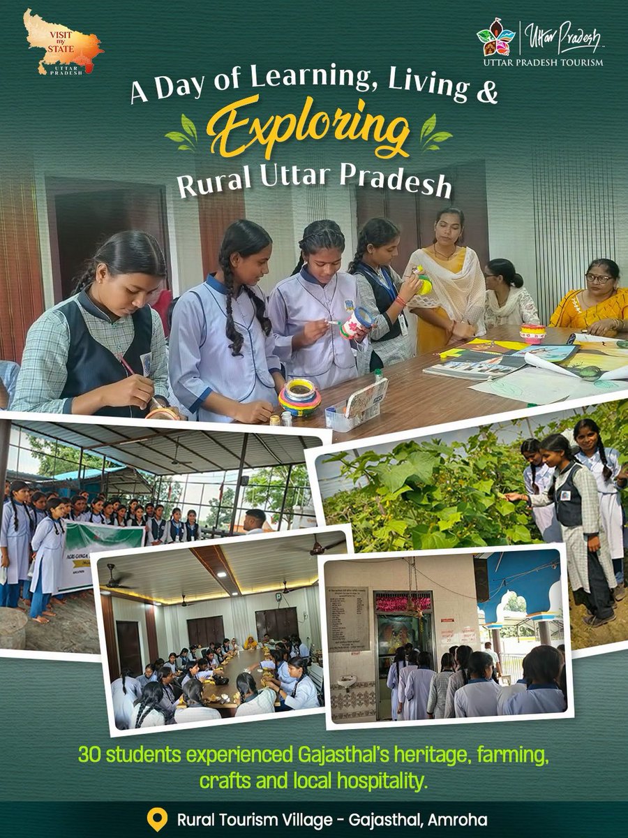 uptourismgov's tweet photo. Rural Tourism Village - Gajasthal, Amroha, came alive through an immersive learning experience for 30 students, accompanied by three teachers.
The students explored Kali Mandir and Mahadev Mandir, listened to stories of the village’s heritage from a local storyteller, and experienced rural life through vegetable farming and field activities. They also interacted with a local artisan and participated in traditional pot painting, gaining hands-on exposure to the village’s craft traditions. Moreover, at Shobit Homestay, the experience continued with samosas prepared by local women, offering the students a taste of authentic village hospitality, local cuisine and community-led tourism.

#RuralTourism #RuralTourismVillage #Gajasthal #Amroha #UttarPradeshTourism #VillageTourism #CommunityBasedTourism 

@narendramodi @myogiadityanath @gssjodhpur @jaiveersingh099 @ASIGoI @UNESCO @amritabhijatias @UPGov @MinOfCultureGoI @tourismgoi @incredibleindia @CMOfficeUP @MEAIndia