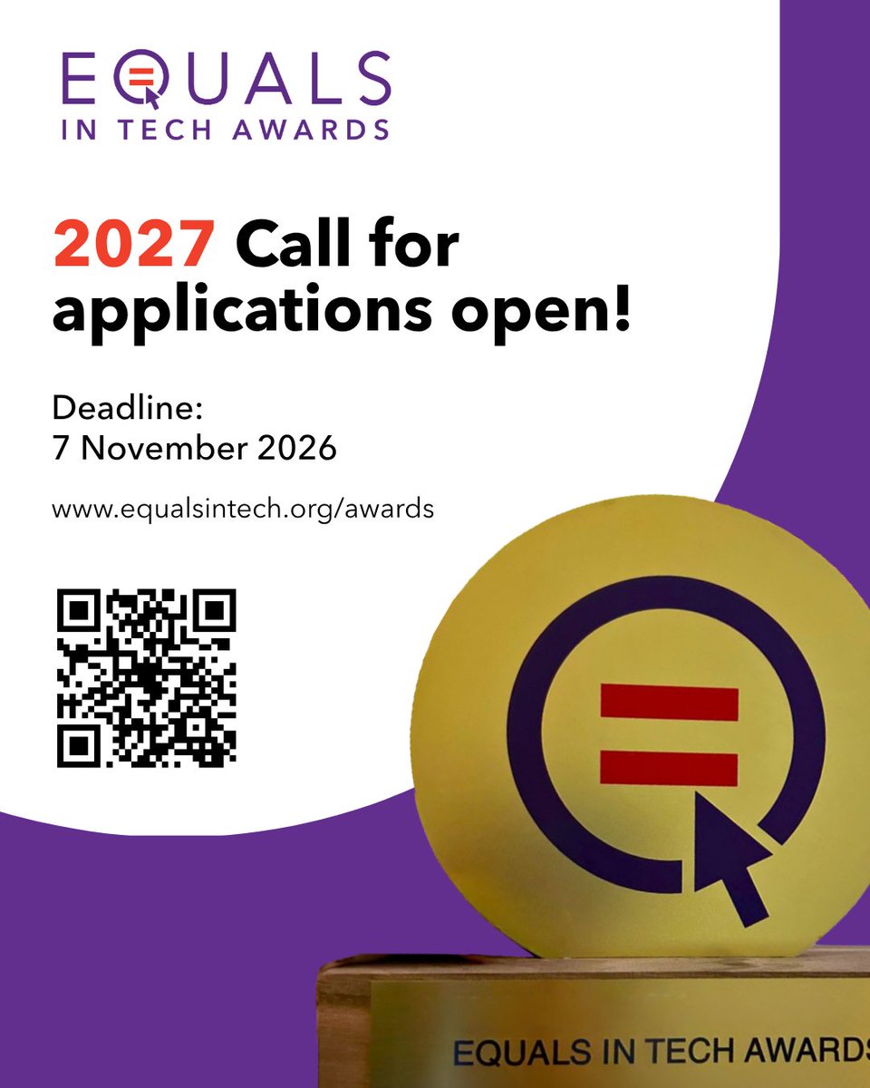 equals's tweet photo. 🏆 Applications are open for the 2027 #EQUALSinTech Awards!
We’re looking for initiatives advancing digital gender equality through:
🤖 Emerging Tech for Inclusion
🚀 Digital Skills &amp; Leadership
🛡️ Safe &amp; Inclusive Digital Spaces
Info: https://t.co/CefjTHVhzX
Deadline: 7 Nov 26 https://t.co/Xn9buwctN7