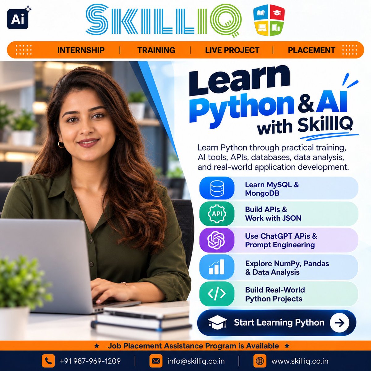 SkillIQCourse's tweet photo. Learn Python &amp; AI with SkillIQ!

Build practical skills with:
• MySQL &amp; MongoDB
• API Development
• ChatGPT APIs
• NumPy &amp; Pandas
• Real-World Projects
Job Placement Assistance Available.

#SkillIQ #PythonTraining #AITraining https://t.co/1mzI0yJZv0