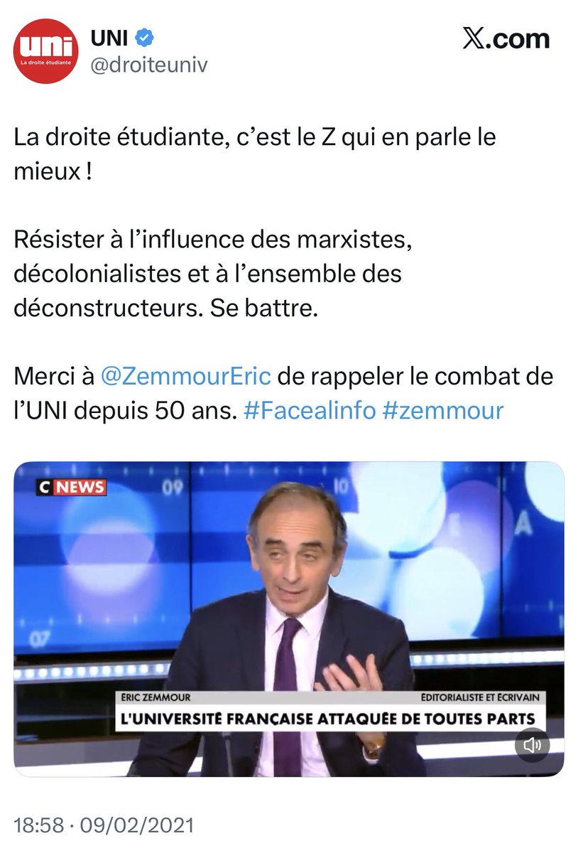 kevinvrne's tweet photo. Bah alors @droiteuniv, si vous pensez que Gabriel Attal ne fait pas assez pour les étudiants, c’est toujours Éric Zemmour qui en parle le mieux ? 

On attend votre cohérence. https://t.co/y9IDWn9gSO