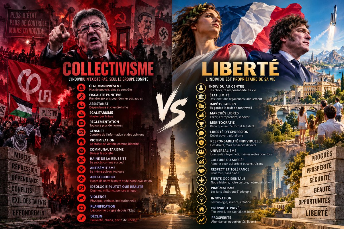 brivael's tweet photo. Ce qu'il y a de bien avec tout ce qui se passe en ce moment, c'est que ça polarise. Les masques tombent. Et il ne reste plus que deux camps.

Le premier, c'est le camp du ressentiment.
La victimisation érigée en identité. La haine de celui qui réussit. Et au bout de la chaîne, toujours le même poison : l'antisémitisme.
Aujourd'hui, ce camp a un visage parfait : LFI.
Mettez-les au pouvoir et vous aurez droit à un remake du XXe siècle. Jean-Luc a réussi un exploit que l'Histoire croyait impossible : la synthèse entre l'hitlérisme et le stalinisme.

Le second, c'est le camp de la liberté.
Le libéralisme. La responsabilité individuelle. Les marchés libres. La beauté. Le bon sens.
L'idée simple, et pourtant radicale, que tu es propriétaire de ta vie, de ton travail et de ce que tu construis.
Si on veut un exemple de ce que ce camp donne quand il prend le pouvoir aujourd'hui : Milei.
Et voici ma conviction.
Les crises du XXe siècle ont accouché, systématiquement, du collectivisme. 1917, 1933, l'après-guerre : à chaque effondrement, la même réponse. Plus d'État, plus de contrôle, moins d'individu. On connaît le bilan.

Le XXIe sera différent.
Le XXIe sera le siècle du libéralisme. Le vrai. Pas celui des plateaux télé.
Et la fin du gauchisme. Pour toujours.

PS : il existe un troisième camp. Le « en même temps ».
La moyenne des deux. Ni collectiviste assumé, ni libéral.
C'est le pire des cancers. Parce qu'il se dit libéral. Il en a le vernis, le vocabulaire, les costumes. Mais en dessous, c'est toujours plus de dépense, plus de normes, plus d'État.

Le collectiviste, au moins, annonce la couleur. Le « en même temps » te vend la liberté et te livre la tutelle.