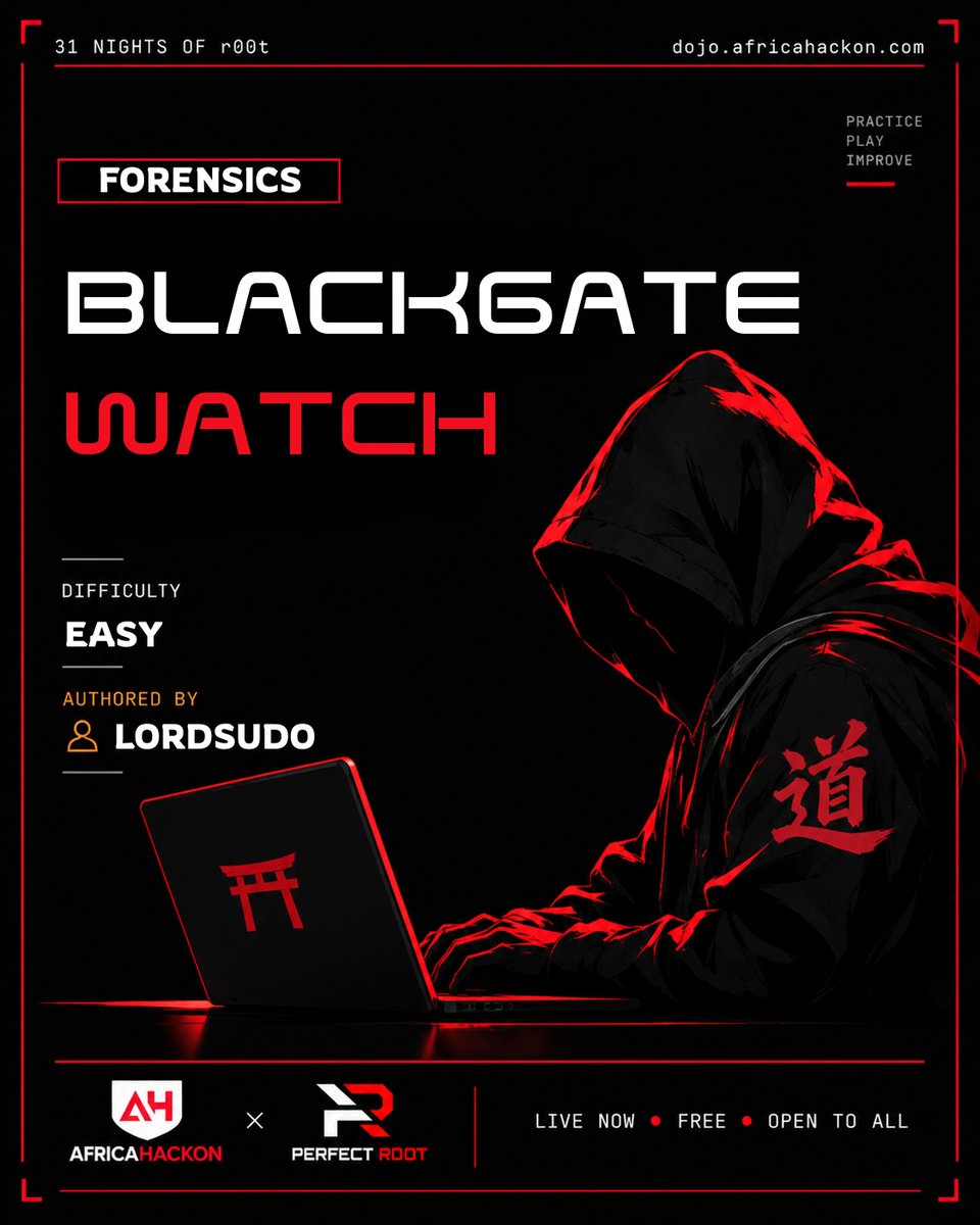 perfectrootdojo's tweet photo. 🕵️ New Challenge: Blackgate 🥷

Forensics | Easy
The evidence is there. Can you uncover what was left behind? 🔎

Solve now: https://t.co/PzX3pv3veM

#31NightsofR00t #DOJO #CTF #Forensics @L0rd5ud0 https://t.co/w5K1McmQ7S