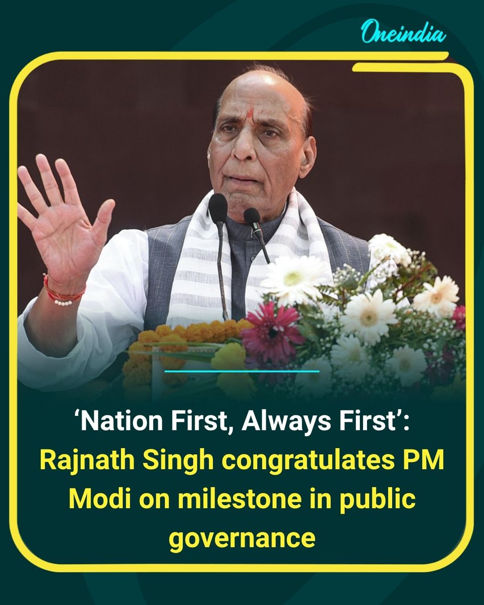 Oneindia's tweet photo. Defence Minister Rajnath Singh congratulated PM Narendra Modi on completing a major milestone in public governance, highlighting his message of “Nation First, Always First.”

#RajnathSingh #PMModi #PoliticsToday #OI https://t.co/6NvS74HLGd