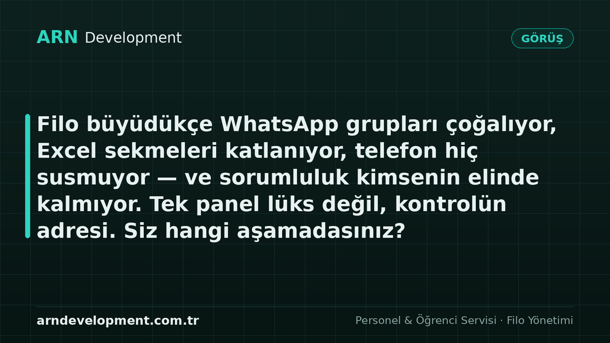 arndevelopment's tweet photo. Filo büyüdükçe WhatsApp grupları çoğalıyor, Excel sekmeleri katlanıyor, telefon hiç susmuyor — ve sorumluluk kimsenin elinde kalmıyor. Tek panel lüks değil, kontrolün adresi. Siz hangi aşamadasınız? #filoyönetimi #servisyazılımı https://t.co/QEfYotNUpn