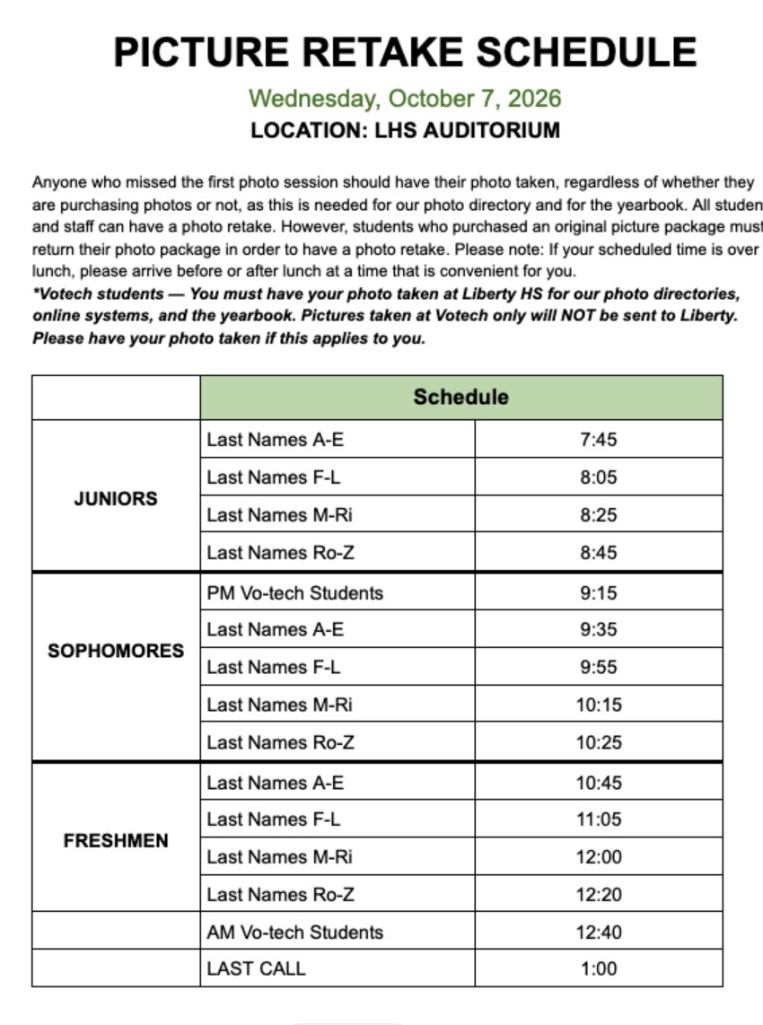 LibertyHigh's tweet photo. Picture Retake Day is today! 
Missed photo day? You must get your picture taken for the yearbook.
Getting a retake? You must return your original photo package.   
Vo-tech students: Pictures must be taken at LHS to be included in the Liberty yearbook. https://t.co/VK2FNuBam1