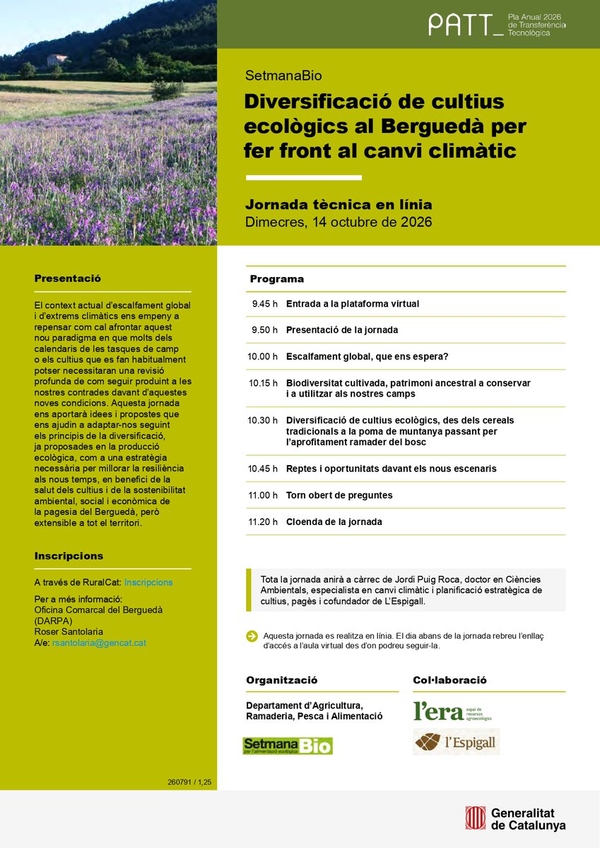 ruralcat's tweet photo. 📌Jornada tècnica en línia: SetmanaBio. Diversificació de cultius ecològics al Berguedà per fer front al canvi climàtic

🗓️ 14 d'octubre
🕘 9:45 h

https://t.co/eCWopntCYD

@associaciolera @spigall https://t.co/oDUi2tdxX2