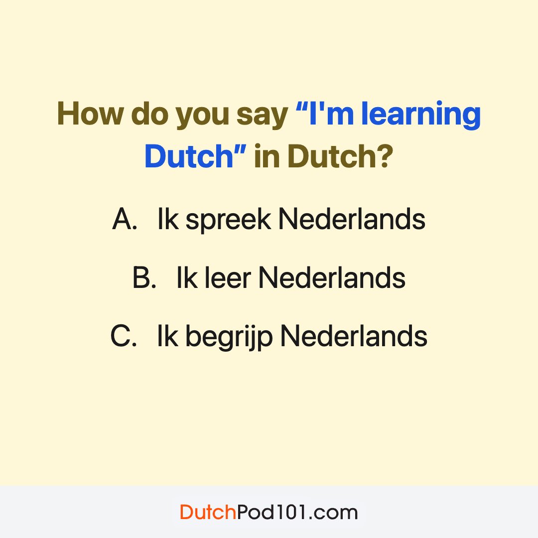 DutchPod101's tweet photo. 1️⃣ Answer this. 
2️⃣ Review the correct answer. 
3️⃣ Get your Free 2000 Dutch Core Words eBook here: https://t.co/ZvRqoJ5Fwq https://t.co/UizRvgW8Kx