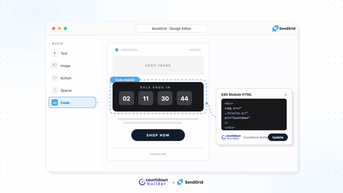 CountdownBuild's tweet photo. ⏳ Using SendGrid for email marketing?

Learn how to add countdown timers to your SendGrid emails and create urgency around limited-time offers and deadlines.

https://t.co/yDIAZZz3sa https://t.co/3UmACIpaOg