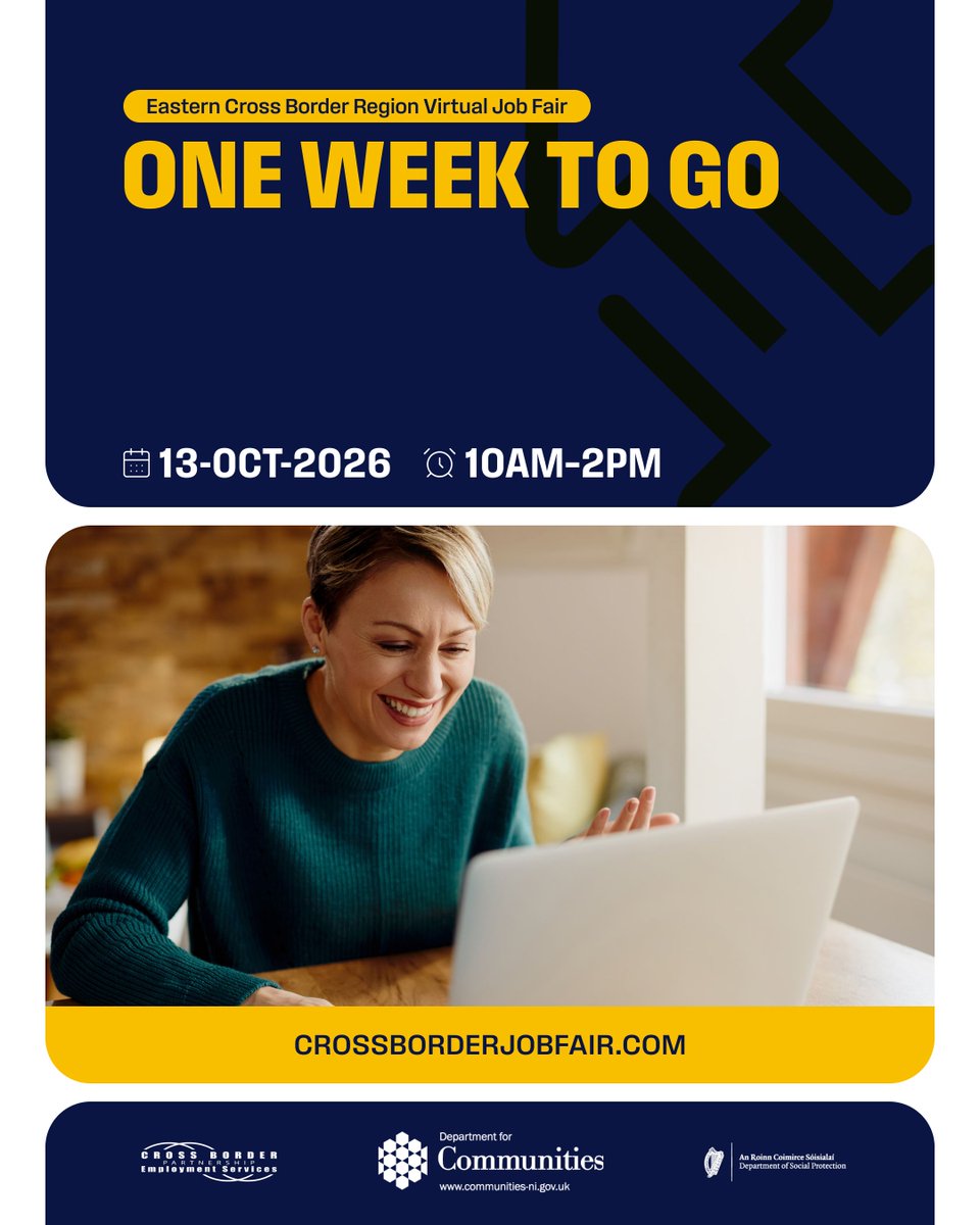 CBPES_online's tweet photo. One week to go until the Eastern Cross Border Region Virtual Job Fair! 💻
Link: https://t.co/OR8XrLPGBN

Employers from across the eastern border region will be online on the day with live roles to fill.
 
 Set a reminder now: 🌐 https://t.co/1Bl2pml6JW | 📅 Tue 13 Oct, 10am–2pm https://t.co/y59sVM6kq4