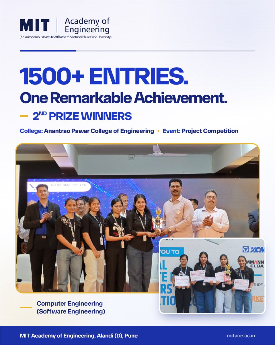MITAOE's tweet photo. 🏆 1500+ entries. One team. One remarkable achievement! 🥈✨ MITAOE’s Computer Engineering (Software Engineering) team secured 2nd Prize at the Project Competition, winning ₹7,500, a trophy &amp; certificate! 🚀👏

#MITAOE #StudentAchievement #ProjectCompetition #Innovation https://t.co/sfQUIe30in