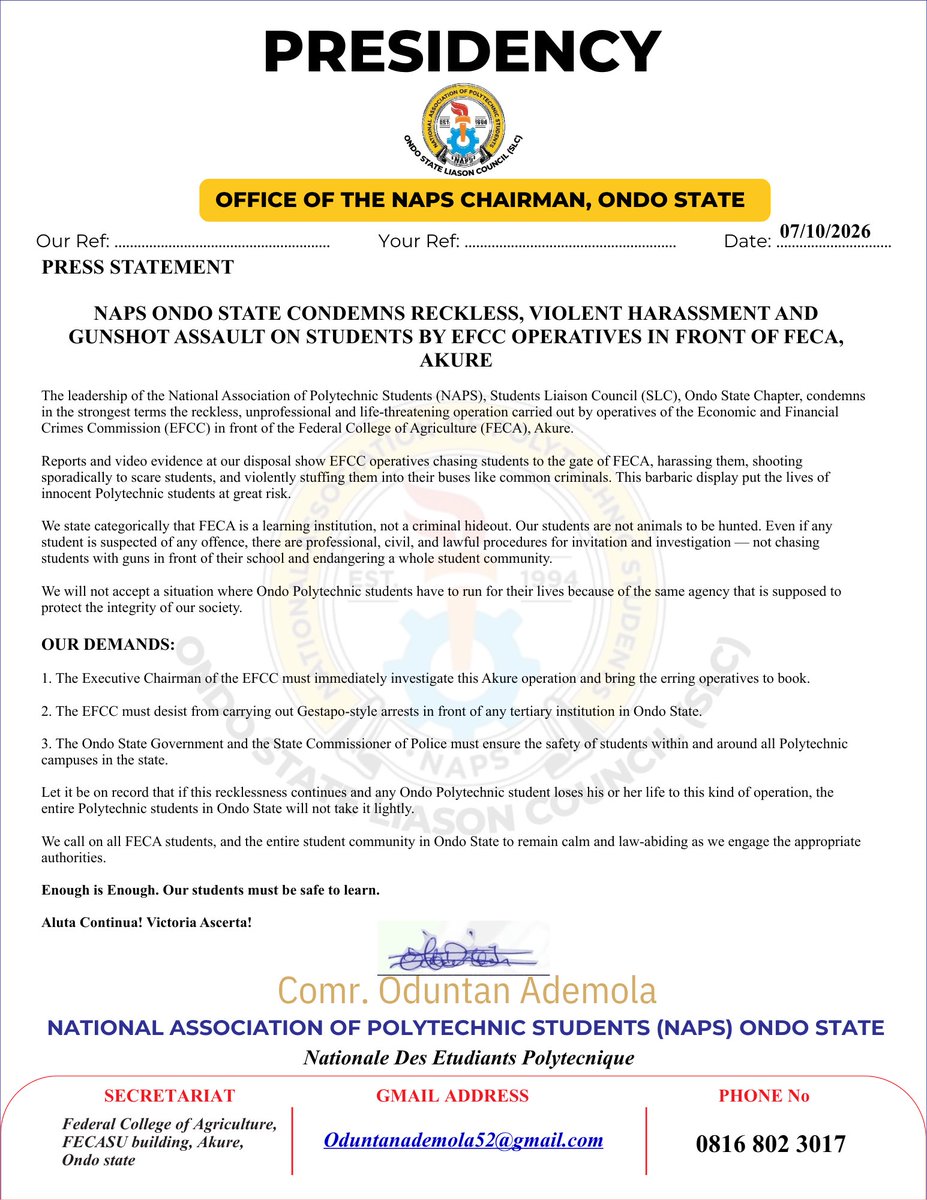 oduntanademola2's tweet photo. We condemn the brutal harassment &amp; shooting by EFCC operatives in front of FECA Akure. You don't chase students like criminals in front of their school. Ondo Poly students' lives matter. @officialEFCC must investigate. - NAPS SLC Ondo Chairman https://t.co/W6qgcUCHin