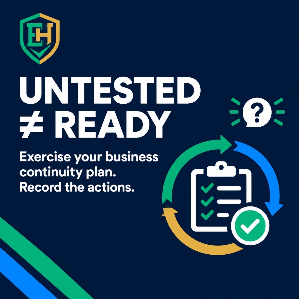 EvidentHarbour's tweet photo. EvidentHarbour: a business continuity plan nobody has exercised is an assumption, not a capability. Test it, record what you learn, and turn the gaps into actions. #BusinessContinuity #Resilience https://t.co/sCXlrdPgAb