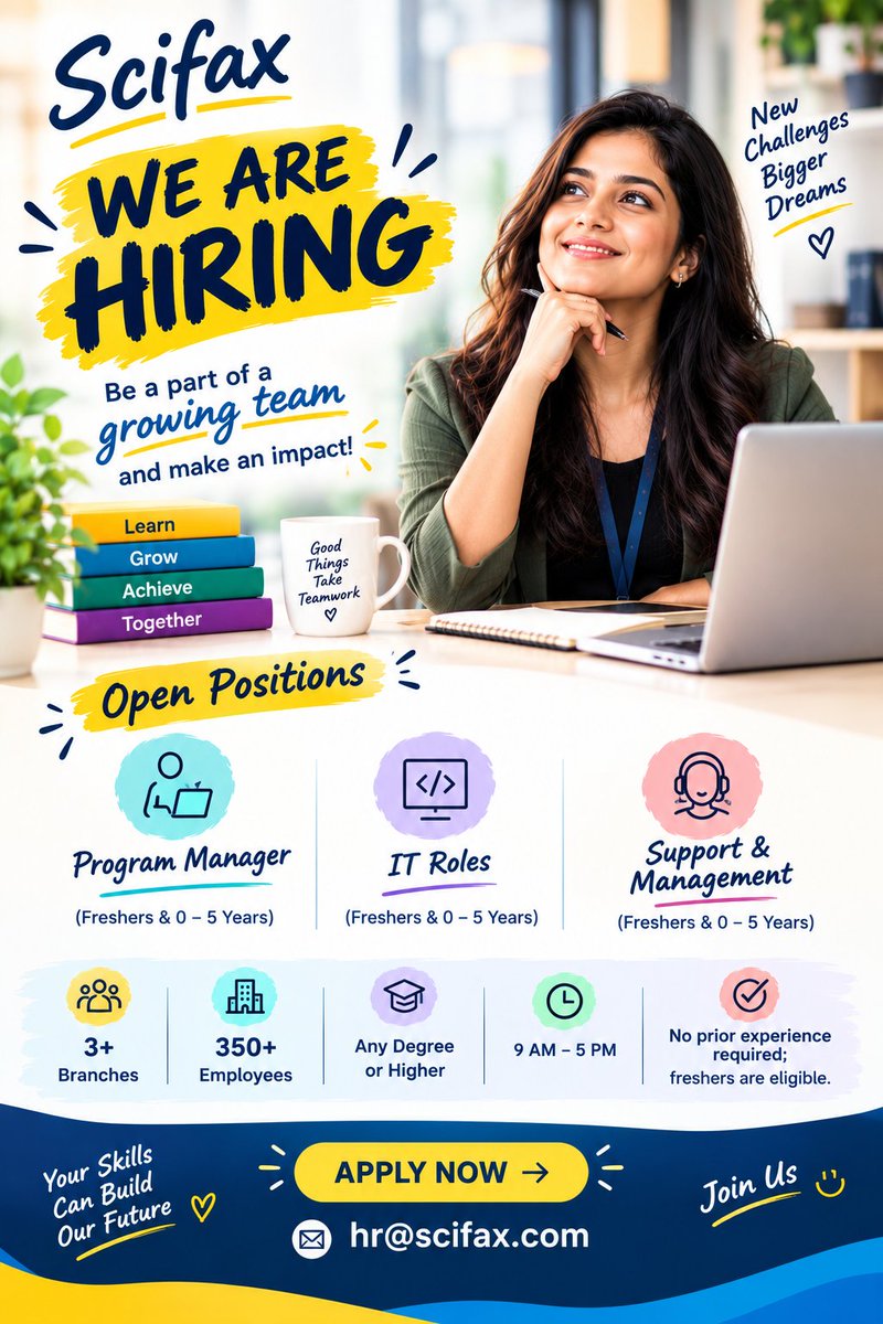 Scifaxoffice's tweet photo. We’re Hiring – Program Manager at Scifax! 💼

👨‍💼 Role: Program Manager
📍 Locations: Multiple Branches
🕘 Work Hours: 9:00 AM – 5:00 PM
🌟 Eligibility: Freshers &amp; Experienced (0–5 Years)

📧 Send your CV to: hr@scifax.com
📞 Phone: +91 81100 04106

✨ Apply Today

# job #hiring https://t.co/chrTN4pbja