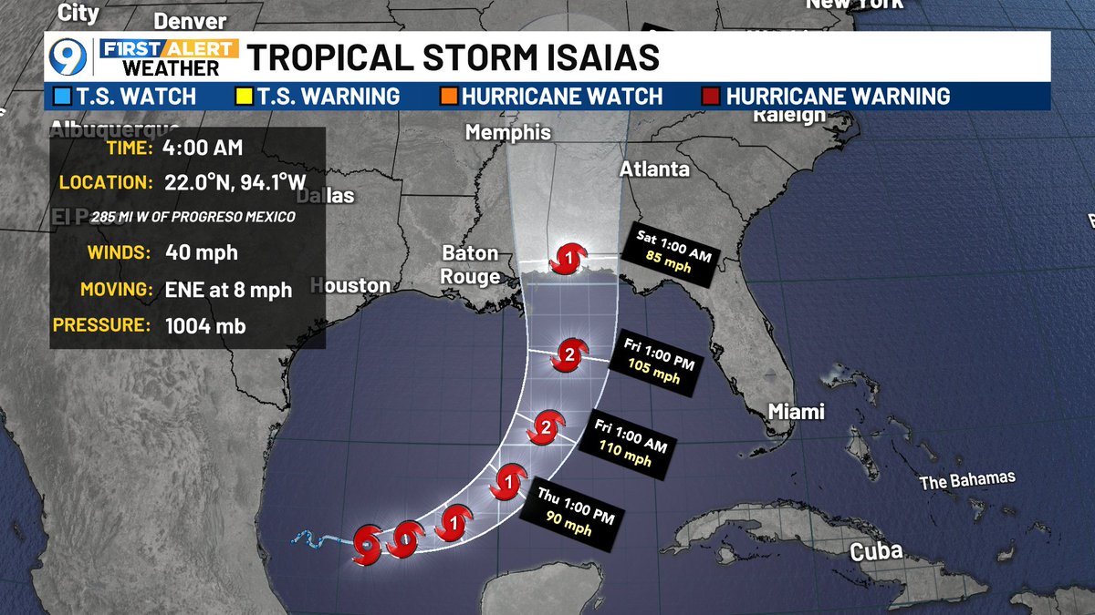 JaredWAFB's tweet photo. The track of Tropical Storm Isaias has shifted farther to the east this Wednesday morning!  The new landfall area is now on the Alabama side of the Alabama/Mississippi border. In fact, it could even get closer to the Florida panhandle. Stay tuned. https://t.co/3fN4Hp4GKx