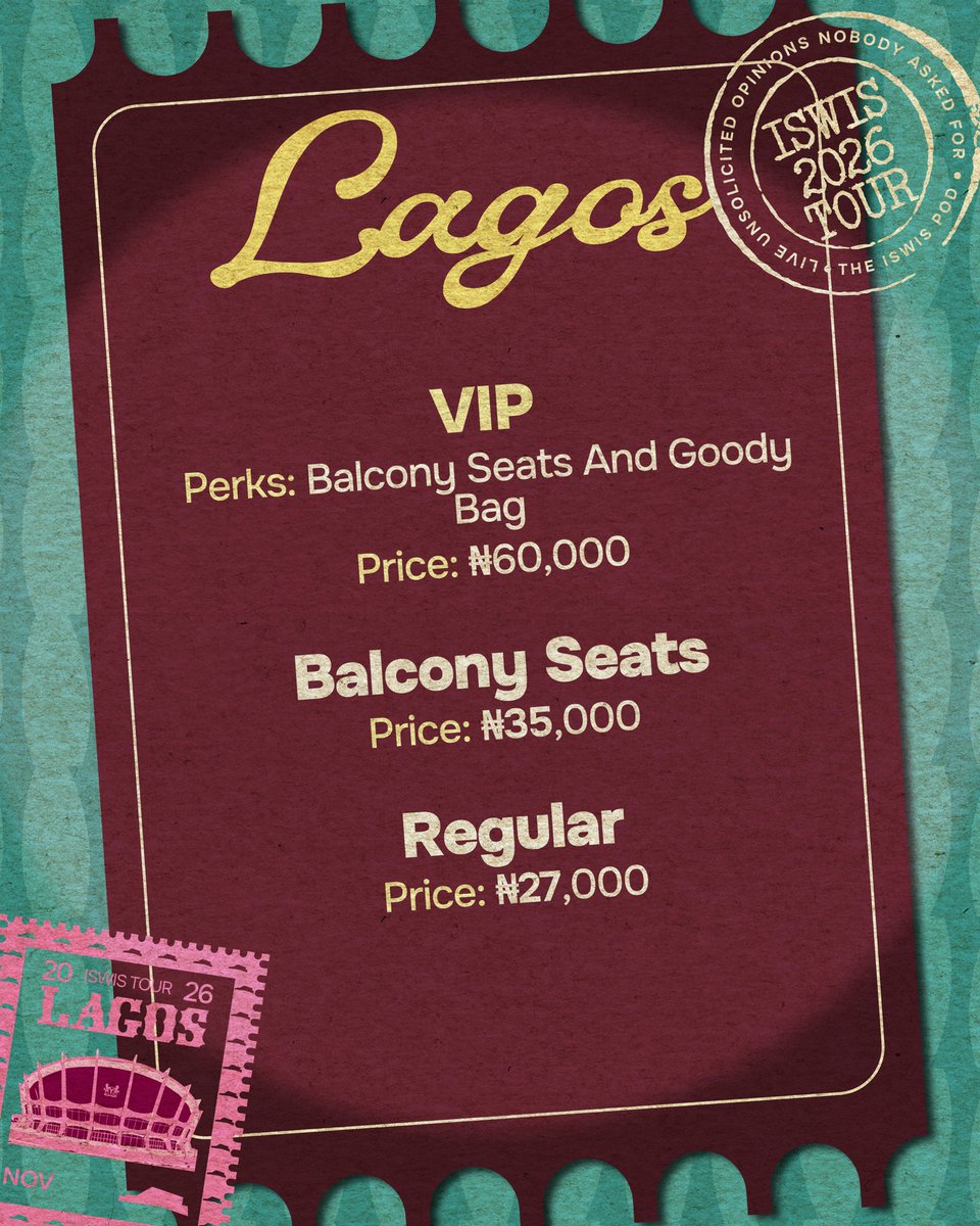 ISWISPodcast's tweet photo. ATTENTION LADIES AND GENTLEMEN OF LAGOS &amp; ABUJA 🚨
We are SO excited to see you next month!
Dates &amp; ticket prices:

📍 LAGOS — [14th &amp; 15th Nov]
🎟️ Tickets from ₦[27,000]

📍 ABUJA — [28th Nov]
🎟️ Tickets from ₦[27,000]

Tickets go on sale this Friday (9th Oct) https://t.co/HYlK3pbZFL