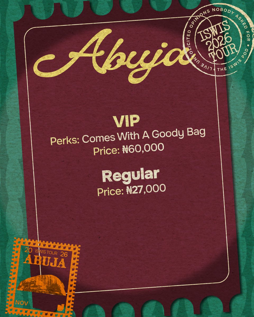 ISWISPodcast's tweet photo. ATTENTION LADIES AND GENTLEMEN OF LAGOS &amp; ABUJA 🚨
We are SO excited to see you next month!
Dates &amp; ticket prices:

📍 LAGOS — [14th &amp; 15th Nov]
🎟️ Tickets from ₦[27,000]

📍 ABUJA — [28th Nov]
🎟️ Tickets from ₦[27,000]

Tickets go on sale this Friday (9th Oct) https://t.co/HYlK3pbZFL