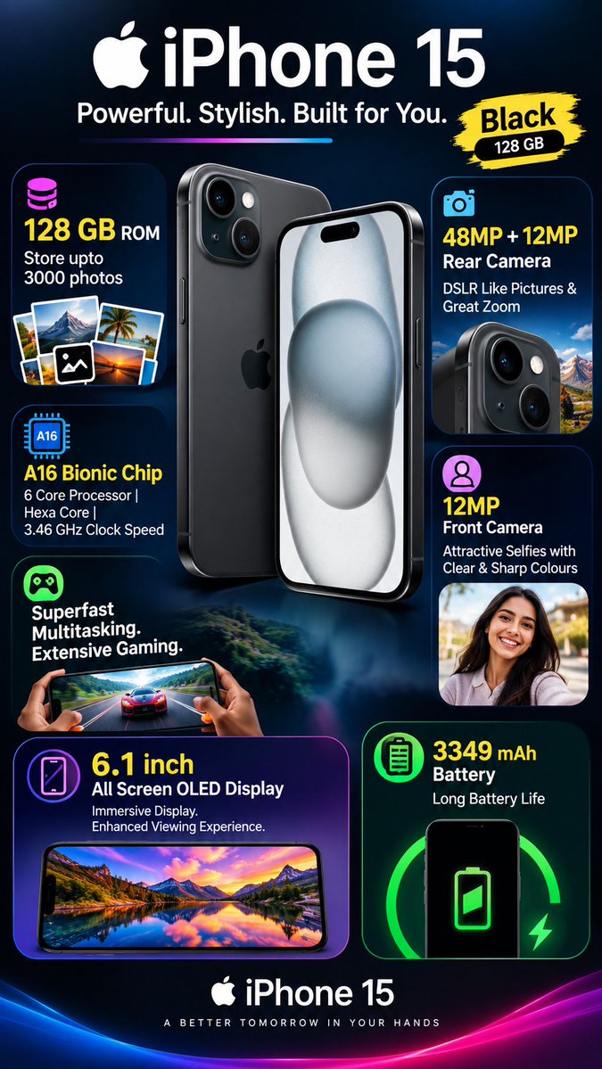 srkreddy2025's tweet photo. https://t.co/hNT68HCevA
iPhone 15 🔥 | 128GB | A16 Bionic 🚀
✨ 48MP Main Camera 📸 12MP Front Camera 🖥️ 6.1" Super Retina XDR OLED Display ⚡ A16 Bionic Chip 💾 128GB Storage
#iPhone15 #Apple #iPhone #AppleiPhone #iPhone15India #iPhone15Deals https://t.co/l079yrmgk5