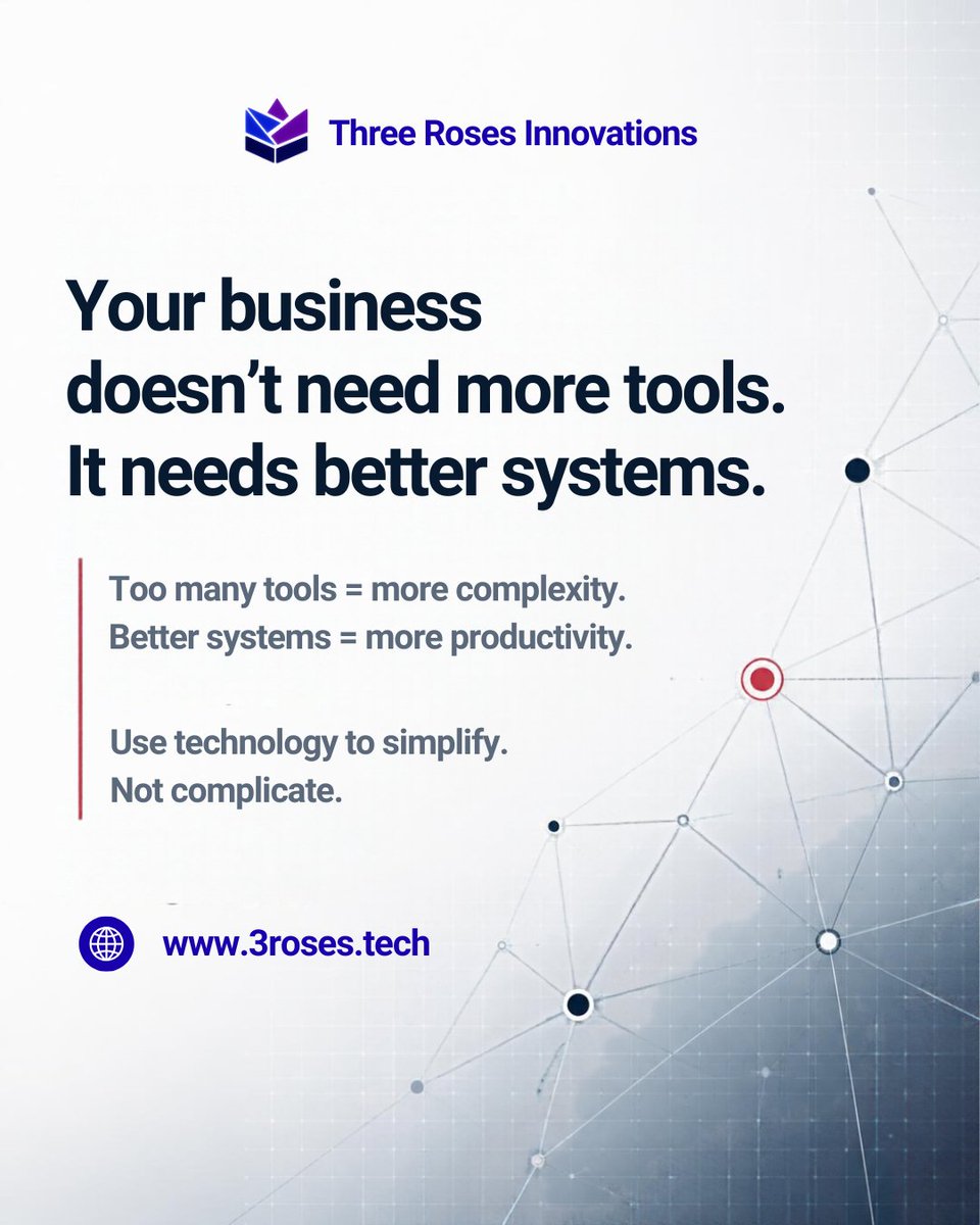 ThreeRosesTech's tweet photo. More tools don’t always mean better results. Better systems do. 

Simplify processes, connect your business, and let your team focus on growth.

Build smarter. Work better. Grow faster.

🌐 https://t.co/jYJhOxhFsU

#ThreeRosesInnovations #BusinessTechnology #Automation #AI https://t.co/Fi522KEWas