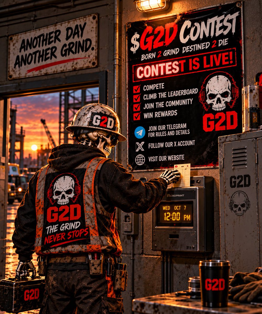 TheGRIND2DIE's tweet photo. 💀🔥 ANOTHER DAY. ANOTHER GRIND. 🔥💀

Clock in, GRINDERS — the $G2D Contest is LIVE! ⏰

The competition is underway, the leaderboard is moving, and there’s still time to get in the fight.

🏆 COMPETE
📈 CLIMB THE LEADERBOARD
💀 REP THE G2D COMMUNITY
🔥 KEEP GRINDING

Think you’re putting in more work than the next GRINDER? Prove it on the leaderboard.

For the official contest rules and details, join our Telegram:

✈️ G2D TELEGRAM — CONTEST RULES & DETAILS⁠
𝕏 FOLLOW @TheGRIND2DIE⁠
🌐 OFFICIAL G2D WEBSITE⁠

💀 BORN 2 GRIND. DESTINED 2 DIE.
🔥 THE GRIND NEVER STOPS.

#GRIND2DIE #G2D #G2DContest #Solana #TheGrindNeverStops