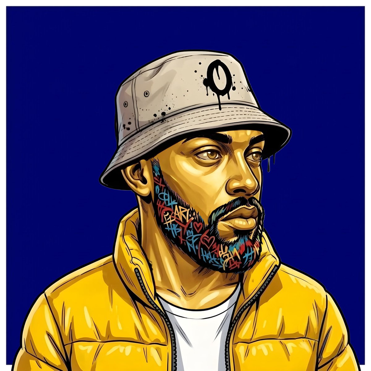 Opusartwork's tweet photo. Sneak Peek #3
Skin: Gold
Clothes: Yellow Puffer
Head: Bucket Hat
Face: Coloured Beard 
Background: Navy Blue

#solana #solananfts #nftartwork #nftcollector #Opus https://t.co/FKTp78OILr