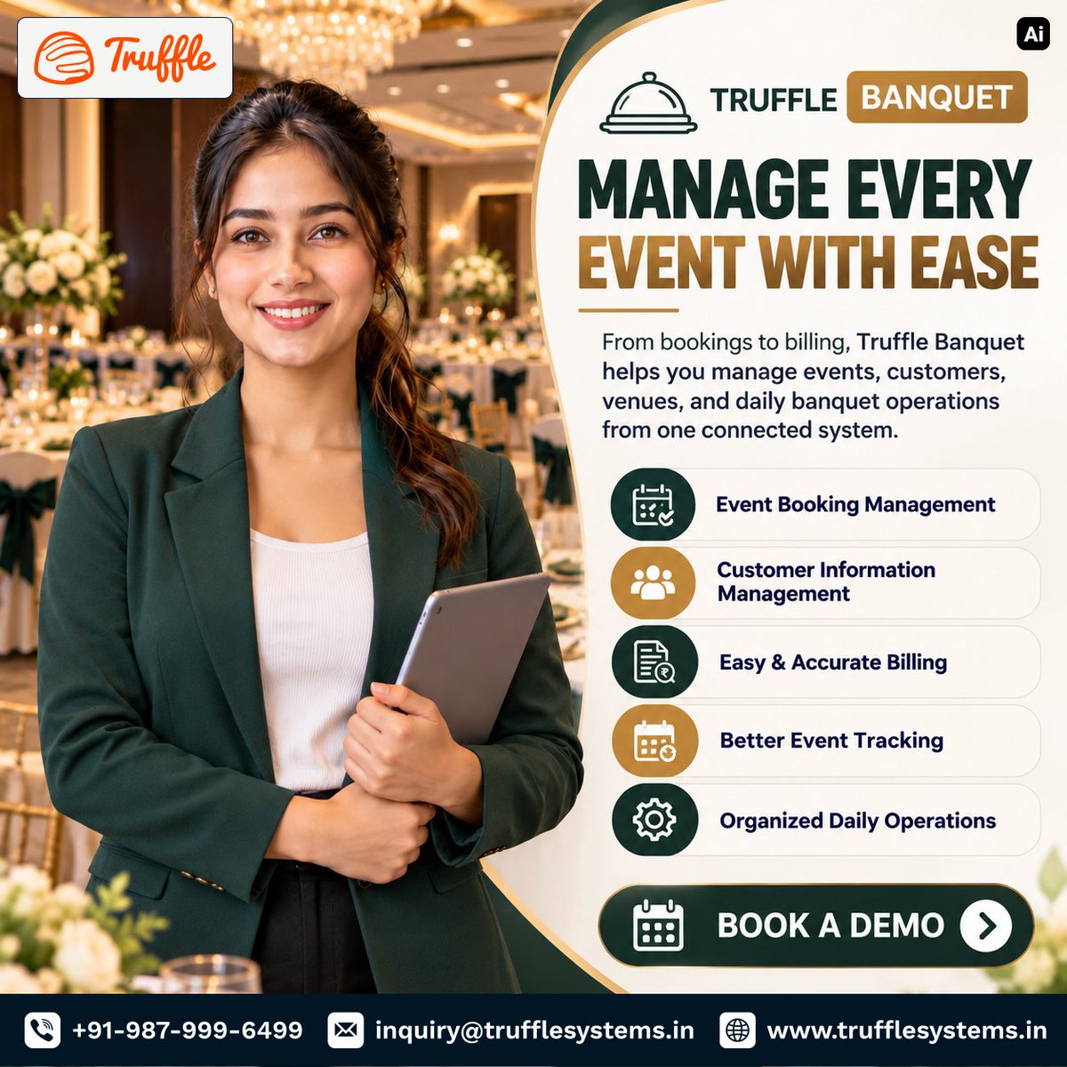 truffle_systems's tweet photo. Manage Every Event with Ease!

Truffle Banquet offers:
• Event Booking Management
• Customer Information
• Easy Billing
• Event Tracking
• Organized Operations

Manage Your Banquet Business Smarter with Truffle.

#Truffle #TruffleBanquet #BanquetManagement https://t.co/t2pUgruQg9