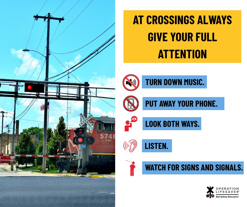 olinational's tweet photo. The crossing on your daily route deserves the same attention as any other. Follow the signs and signals and always expect a train.
#SeeTracksThinkTrain https://t.co/fJgw0wV9R3