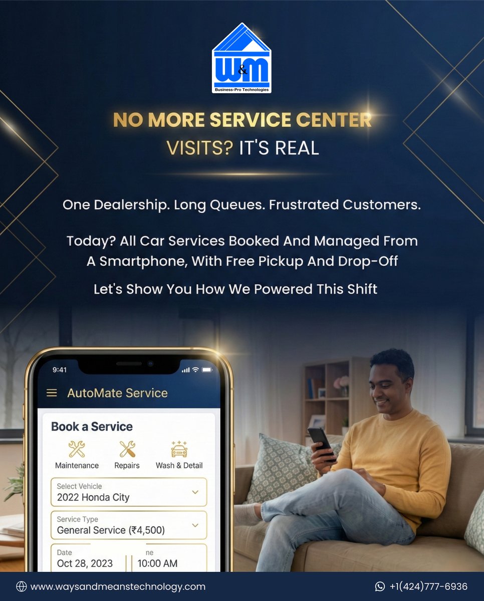 WMTechnology's tweet photo. No queues. No calls. Just tap to service.

At @WMTechnology , we built a doorstep pickup and drop-off app for a dealership, and bookings soared.

#WMTechnology #AutomobileApp #CarService #DigitalGarage https://t.co/DXXeoGrbeR