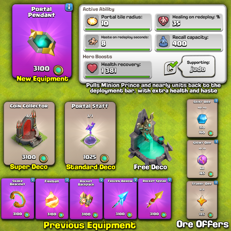 JudoSloth's tweet photo. A New Equipment, the Portal Pendant, is available in the Portal Panic Medal Event along with Halloween Troops. This starts on October 8th and lasts until the 25th. The New Equipment is for the Minion Prince, which I broke down in my YouTube video. It will be boosted to Max Level from October 20th to 25th, provided you have unlocked it. There are previous equipment available along with a Super Decoration. If you’re purchasing the pass remember to support a creator beforehand, my code is judo and it is much appreciated!