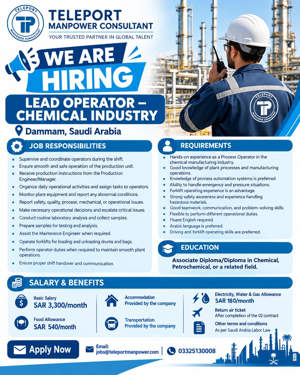 Teleportmanpow1's tweet photo. 🚨 WE ARE HIRING | 🇸🇦 Dammam, Saudi Arabia
👷 Lead Operator – Chemical Industry
💰 SAR 3,300 Basic + SAR 540 Food + SAR 180 
🏠 Accommodation + 🚌 Transport provided

✅ Chemical manufacturing experience required

📩 jobs@teleportmanpower.com
📞 0332 5130008

#Hiring #SaudiJobs https://t.co/Xxo8eDCQPC