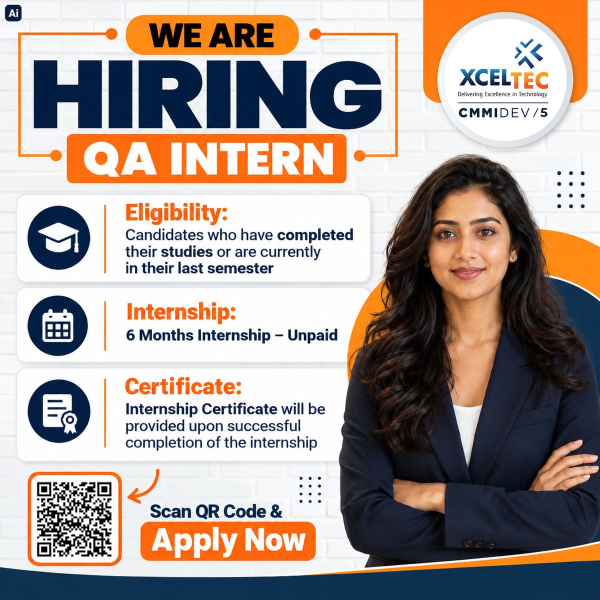 XcelTec's tweet photo. We're Hiring at XcelTec!

QA Intern Opportunity:
• 6-Month Internship
• Unpaid Internship
• Graduates &amp; Final-Semester Students
• Practical QA &amp; Testing Experience
• Internship Certificate

Scan the QR Code &amp; Apply:
https://t.co/fpYBJcEDan

#XcelTec #QAIntern #ITJobs https://t.co/X0L2YuyuZL