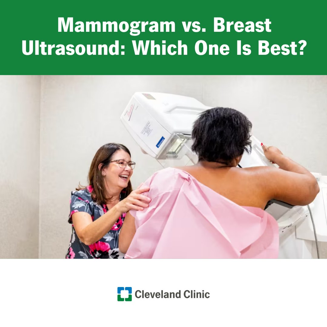 ClevelandClinic's tweet photo. Early detection is key when it comes to diagnosing breast cancer. That’s why breast self-exams are so important. Additionally, your healthcare provider may perform or order the following cancer screening tests:

Physical examination
Mammogram
Breast ultrasound
Breast magnetic resonance imaging (MRI) scan
Breast biopsy
Immunohistochemistry (IHC)
Genetic tests

Mammography is a specially designed X-ray technique that provides high-definition views of the breast tissue in order to screen for breast cancer. A low dose of radiation is used to create an image of your breast.

A breast ultrasound takes pictures of the inside of your breast using sound waves. This can be helpful if your healthcare provider wants to see an area of your breast more closely. But it is NOT a replacement for a mammogram.

Mammograms are the gold standard when it comes to screening for breast cancer. In fact, mammography is 85% to 90% accurate. Mammograms can identify any asymmetries, lumps or changes to your breast. Some of the earliest signs of breast cancer, such as calcifications, are only visible on mammography.

A breast ultrasound can be helpful if you have dense breasts or if a suspicious lump is found during your mammogram. It can show whether a breast lump is a solid mass or a benign fluid-filled cyst.

If you’re pregnant, a breast ultrasound is often the first choice for a focal breast symptom. And it's usually painless.

A screening mammogram will likely be your starting point.