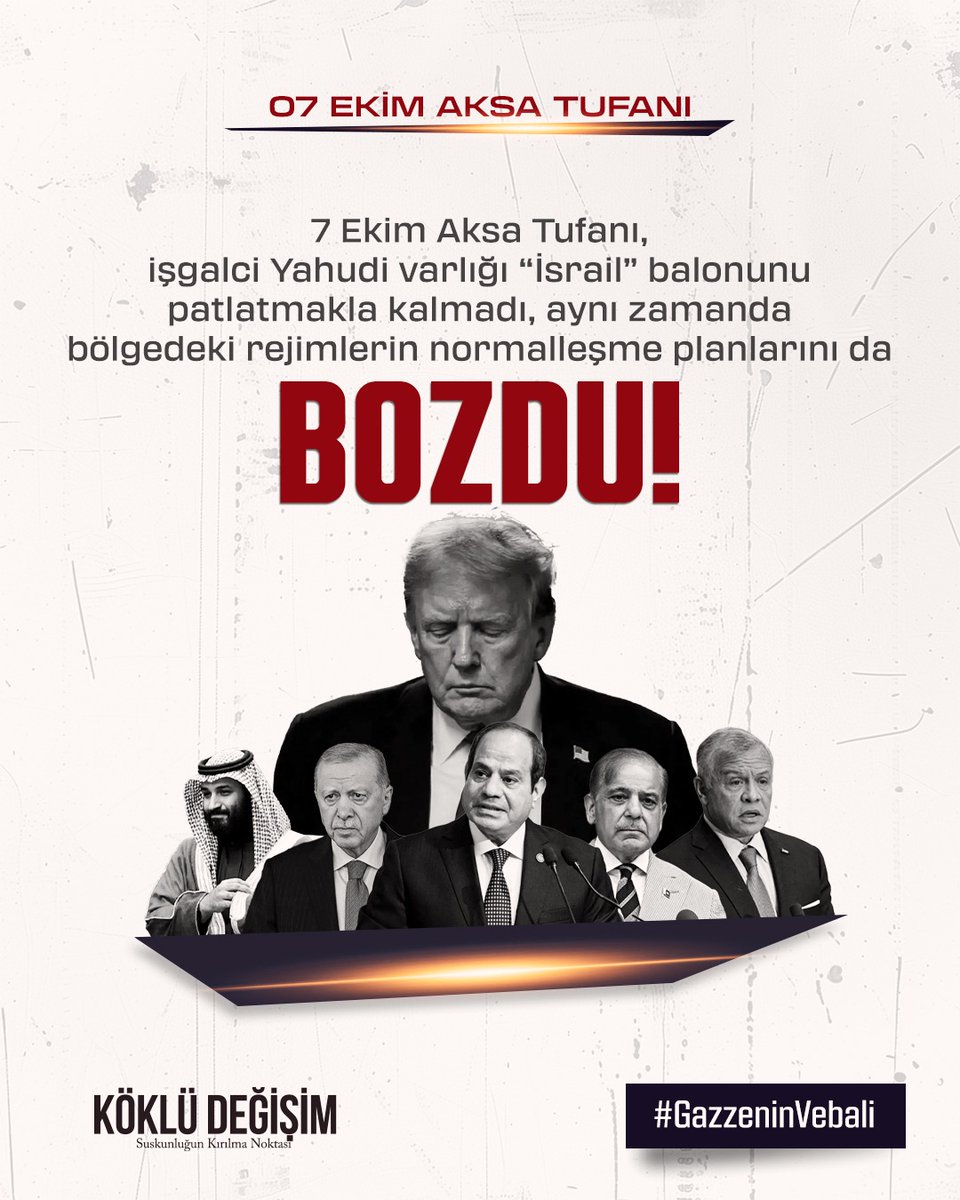 mk_mahmutkar's tweet photo. Aksa Tufanı, işgal varlığı “İsrail” balonunu patlatmakla kalmadı, aynı zamanda bölgedeki rejimlerin planlarını da bozdu.
#GazzeninVebali'ni düşünmediler. Gazze yanarken biz onların bazılarının kınamalarına, bazılarının devam eden ticaretlerine, bazılarının da bizzat işgalciler ile ortaklığına şahit olduk.