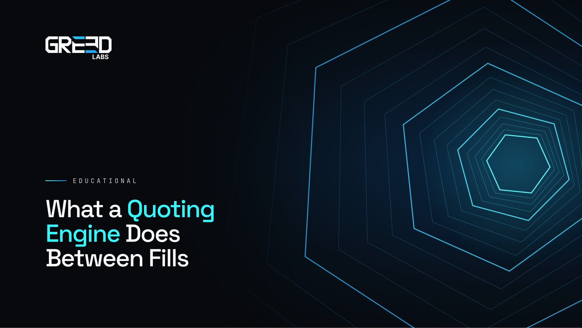 GREED_Labs's tweet photo. A fill is the visible event in market making, but most of the work happens between fills. 

The engine holds a reference price, a target inventory and a set of limits, and typically recalculates quotes on its own fill, a price move, a hedge fill, volatility or a stale feed. https://t.co/rTnRyifyr1