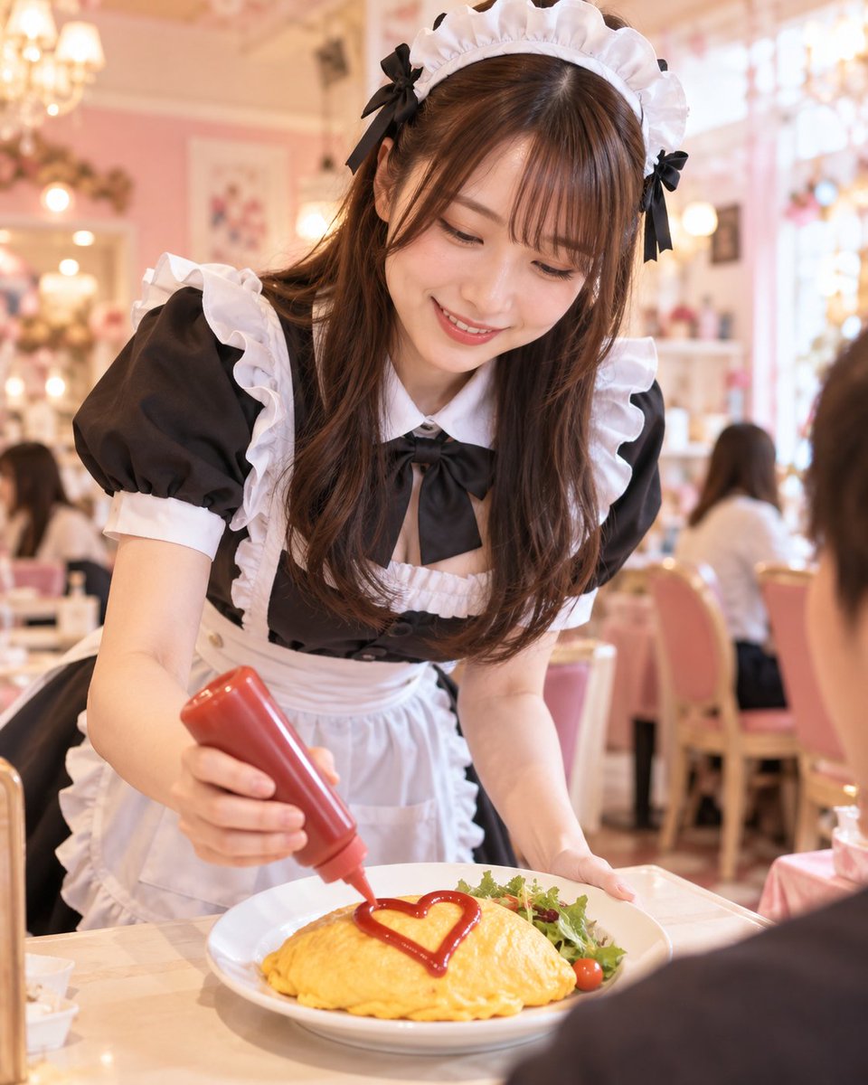 gray0409's tweet photo. 目の前でこんなオムライス出されたらどうする？🥹💕
🍳「食べる」
❤️「写真撮る」
😳「メイドさんに見惚れる」
どれ？👇
#メイドカフェ #オムライス #AIart https://t.co/pdkgJ8HIDL