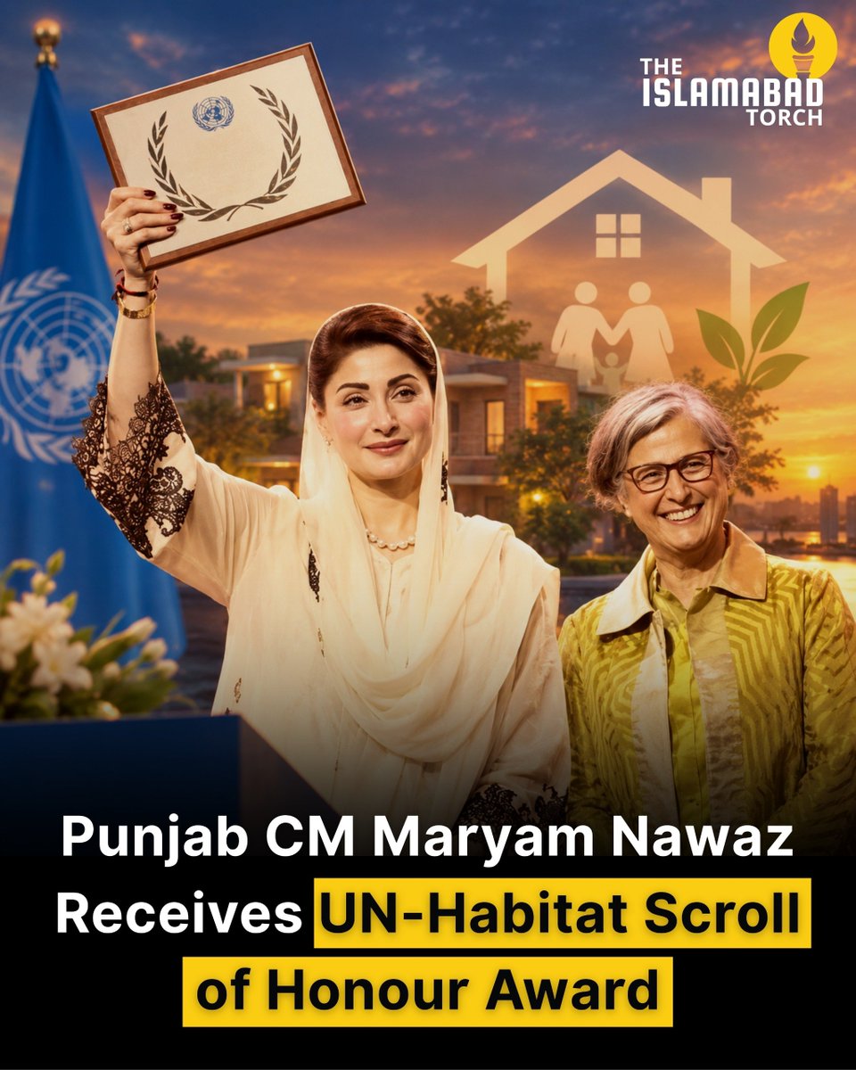 IslamabadTorch's tweet photo. Punjab Chief Minister Maryam Nawaz received the UN-Habitat Scroll of Honour Award in Muscat on World Habitat Day, dedicating it to beneficiaries of the “Apni Chhat, Apna Ghar” housing programme. https://t.co/3CeJH15dXk