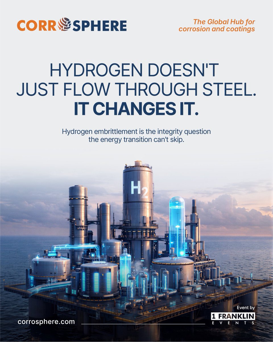 CORROSPHERE's tweet photo. Blending hydrogen into existing gas pipelines sounds like a simple retrofit.

The steel disagrees. Hydrogen can get into it, reduce its ductility and make fatigue cracks grow faster.

A materials question before an infrastructure one.

#Corrosphere #Hydrogen #PipelineIntegrity https://t.co/CO5yqdWfBG