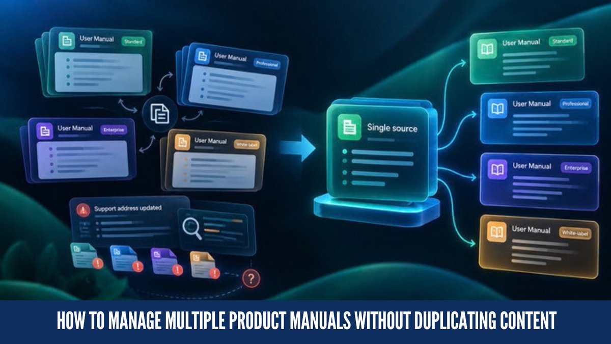 ClickHelpNews's tweet photo. Your support address changes. It lives in 4 manuals and 2 languages. One copy gets missed, and a user calls the wrong number.

How to publish several manuals from one source→ https://t.co/3bToaIhAro

#TechnicalWriting #SingleSourcing #TechComm #Documentation https://t.co/CMKOZcCOWS