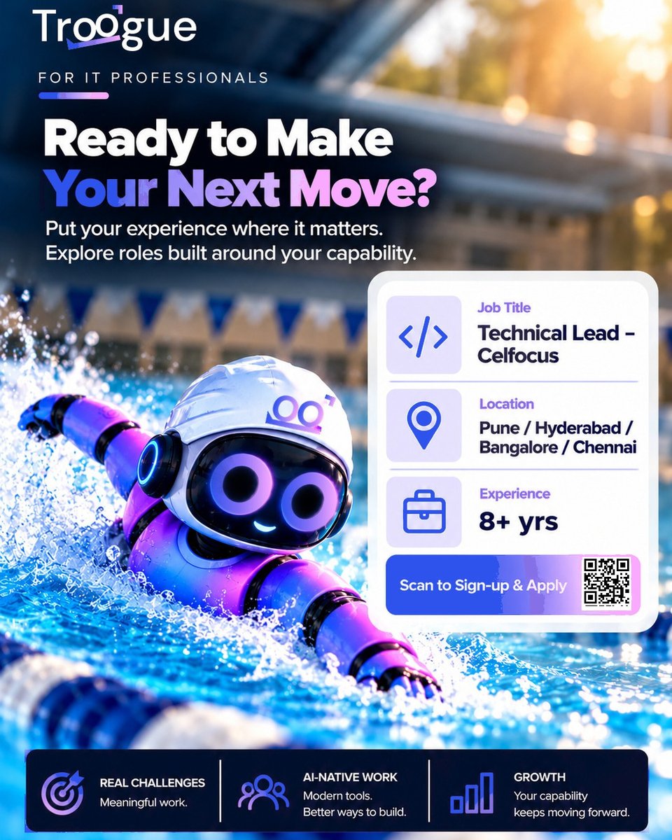 troogue's tweet photo. 🚀 Our Enterprises are hiring.  

Technical Lead (Celfocus)
📍 Pune / Hyderabad / Bangalore / Chennai
💼 8+ yrs

Scan the QR code or 

Apply here 👉 https://t.co/IKXpcD0nF5

#Hiring #TechLead #ITJobs #Troogue https://t.co/n8Qi4em7Ec