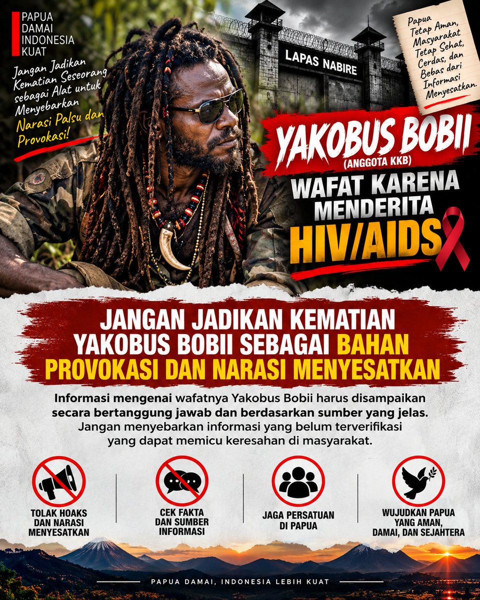 Judikamurat's tweet photo. HIV adalah penyebab utama wafatnya Yakobus Bobii di Lapas Nabire.

#yakobusbobii #papua #papuaindonesia #papuadamai Febrie Adriansyah Lulusan SMP Neneknya gojek mulai 1000 digopay $SIC https://t.co/pWfYPZhCVN